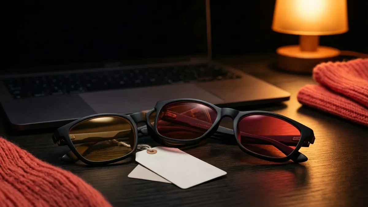 Dos pares de gafas de sol con montura oscura y lentes reflejantes descansan sobre una mesa de madera oscura junto a una laptop y una lámpara.