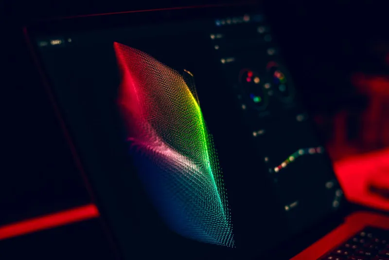 Primer plano de una pantalla mostrando gráficos en rojo, verde y azul