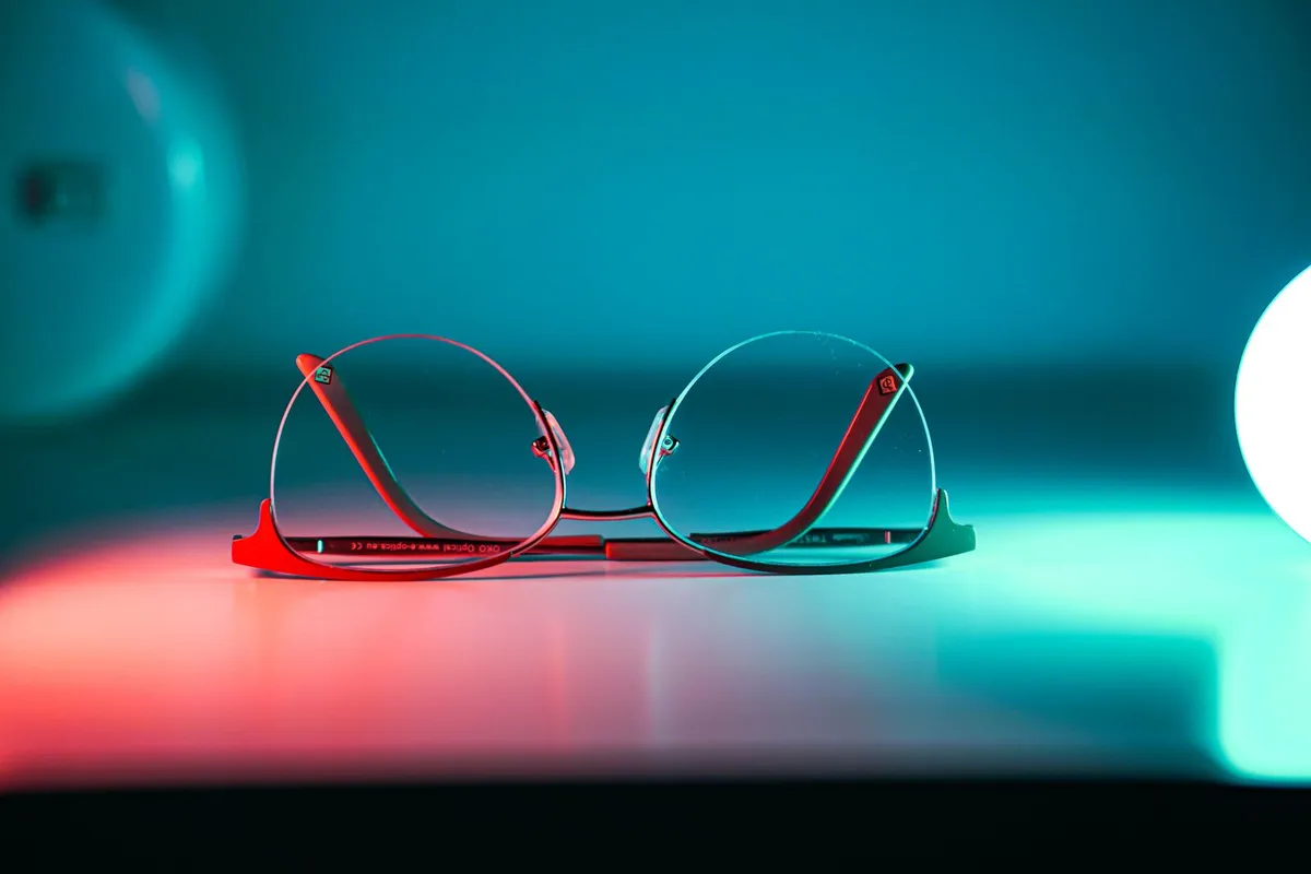 Unas gafas de montura elegante reflejadas bajo una luz tenue de tonos cálidos